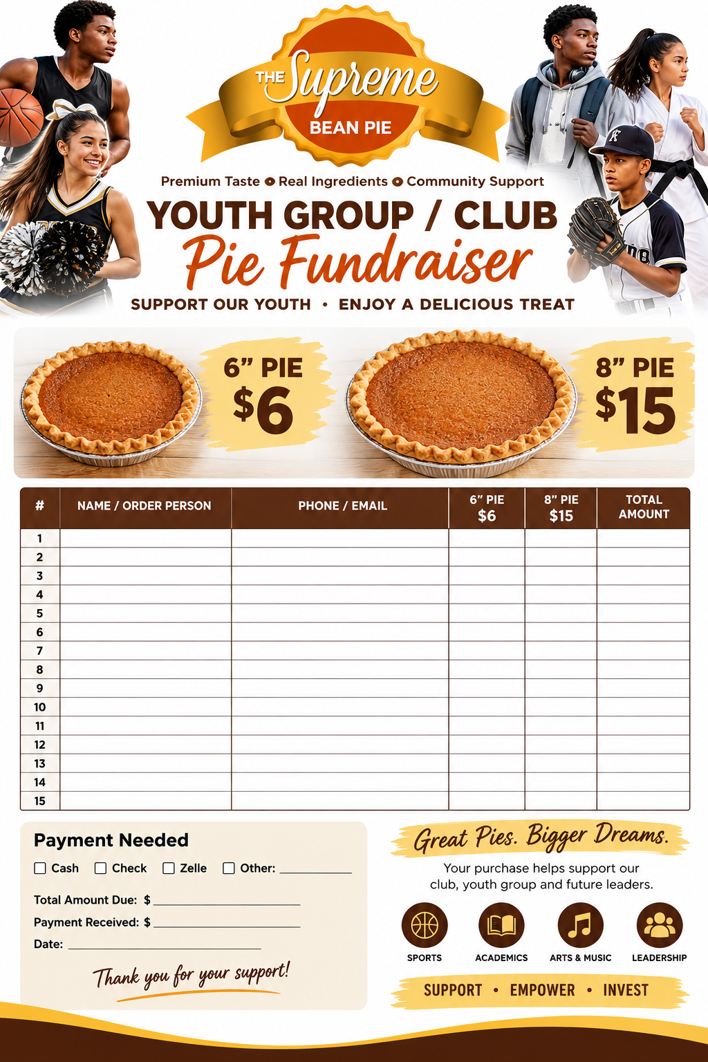 The Supreme Bean Pie youth group and club pie fundraiser order form, with spaces to tally 6-inch pies at $6 and 8-inch pies at $15